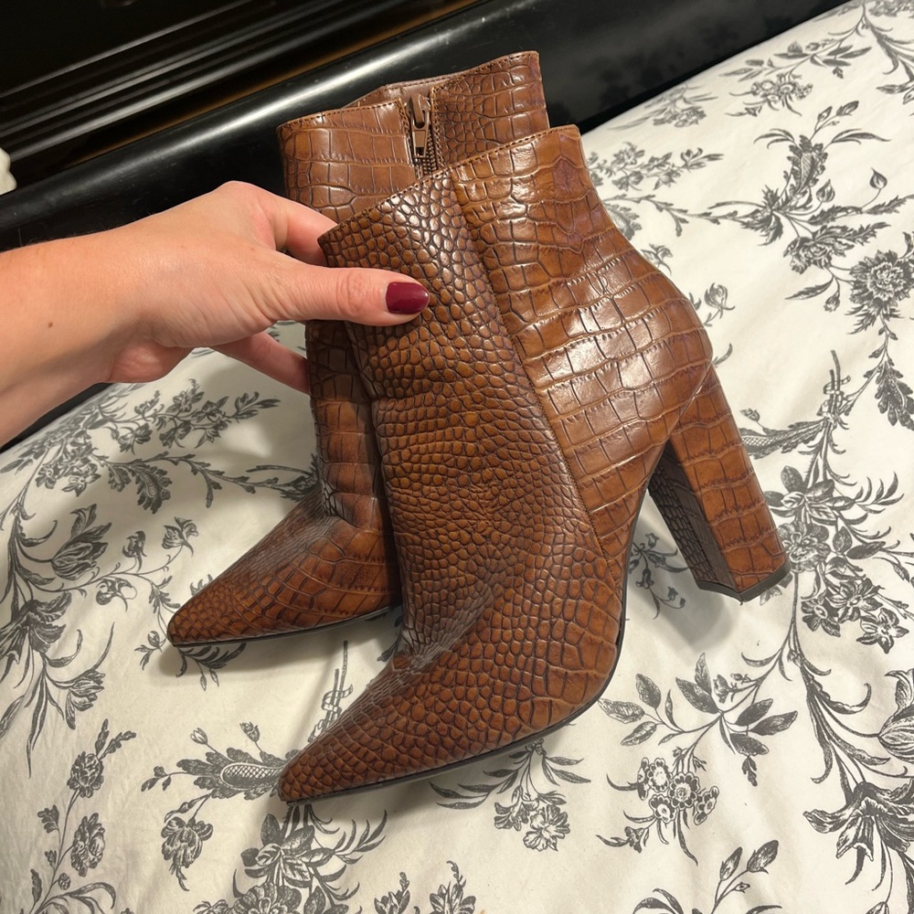 Brown Croc-Embossed Ankle Boots